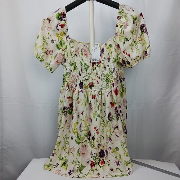 NEW H&M Floral Pleet Dress Size XXL Mini Short Cold Shoulder Ivory Floral - Picture 1 of 15